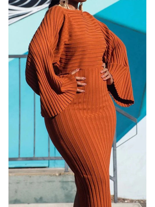 Batwing Sleeve Knitted Dress - Bodycon Ribbed Long Style