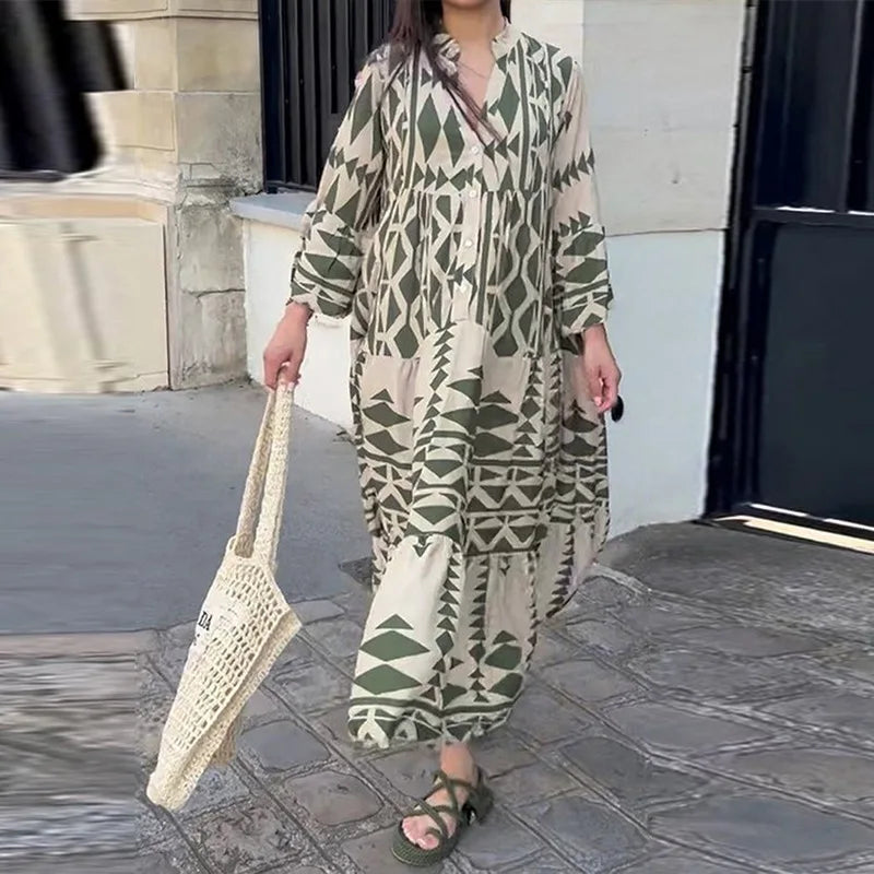 Printed Long Sleeve Dress - V-Neck High Waist Casual Style