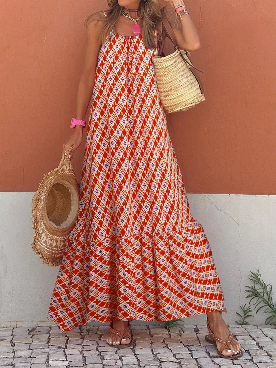 Boho Print Maxi Dress - Sleeveless Spaghetti Strap Summer Sundress