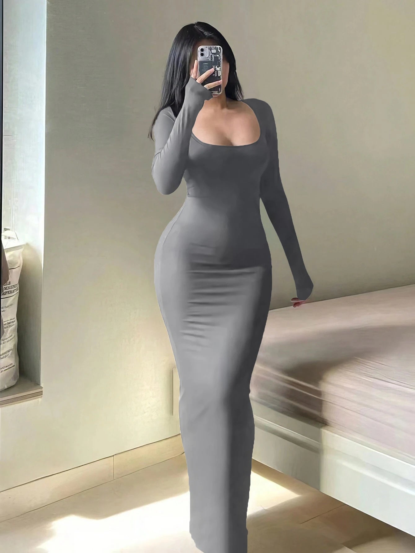 Women's Solid Long Sleeve Bodycon Dress - Chic Basic Minimalist Casual Fashion