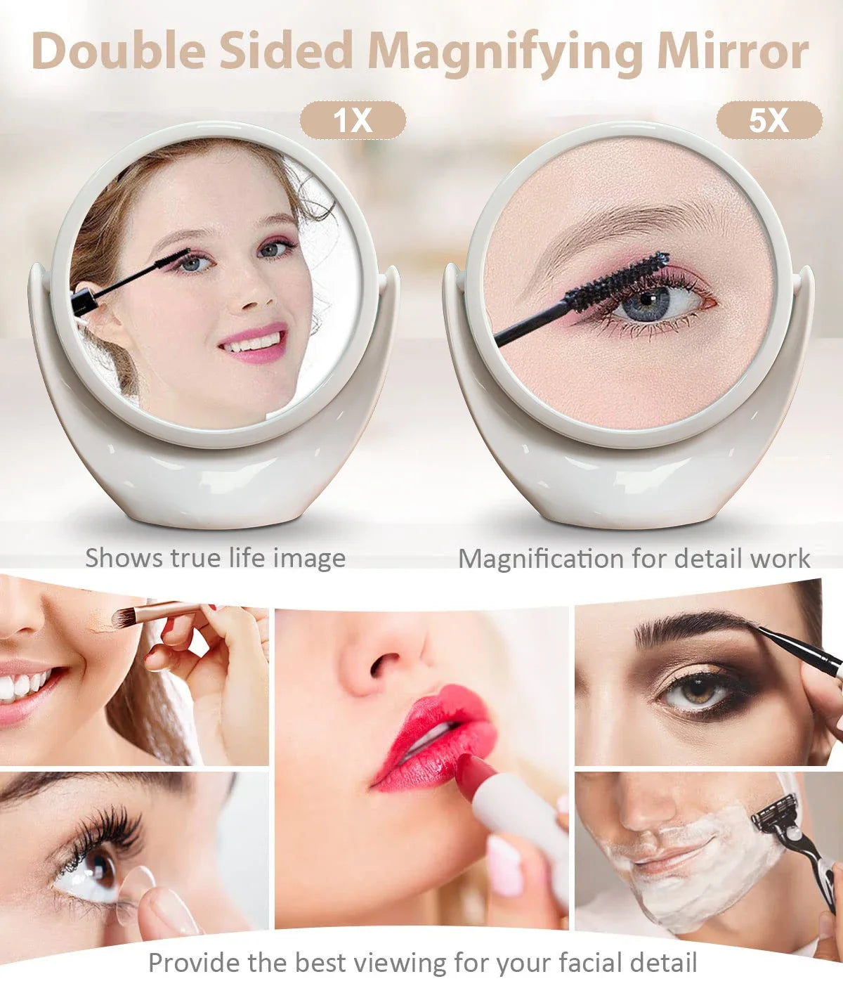 Double-sided 1x/5x Magnifying Makeup Vanity Mirror without light Free Standing 360 ° Rotation Travel Portable Cosmetic Compact