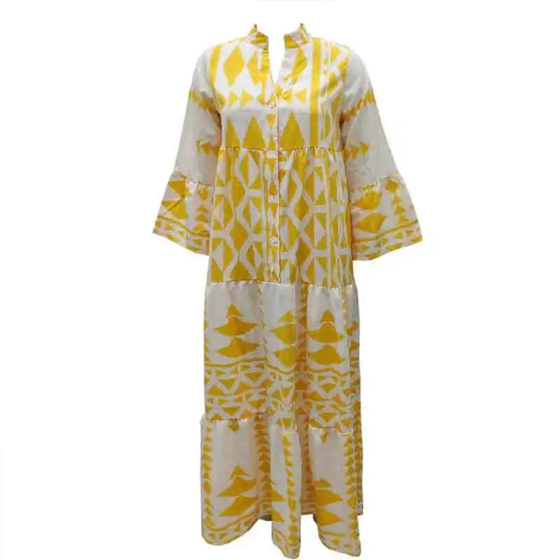 Printed Long Sleeve Dress - V-Neck High Waist Casual Style