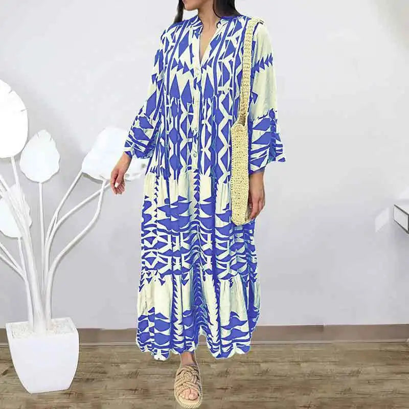 Printed Long Sleeve Dress - V-Neck High Waist Casual Style