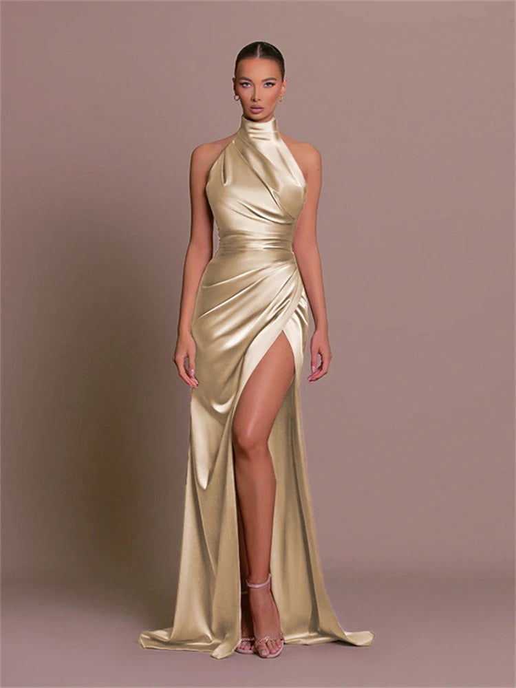 Elegant Satin Evening Dress - Sleeveless Halter Long Dress