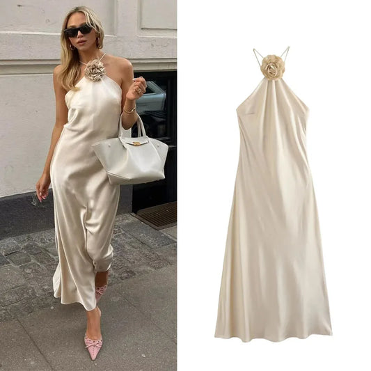 MUJER Floral Halter Dress - Off Shoulder Satin Long Evening Dress with Backless Design