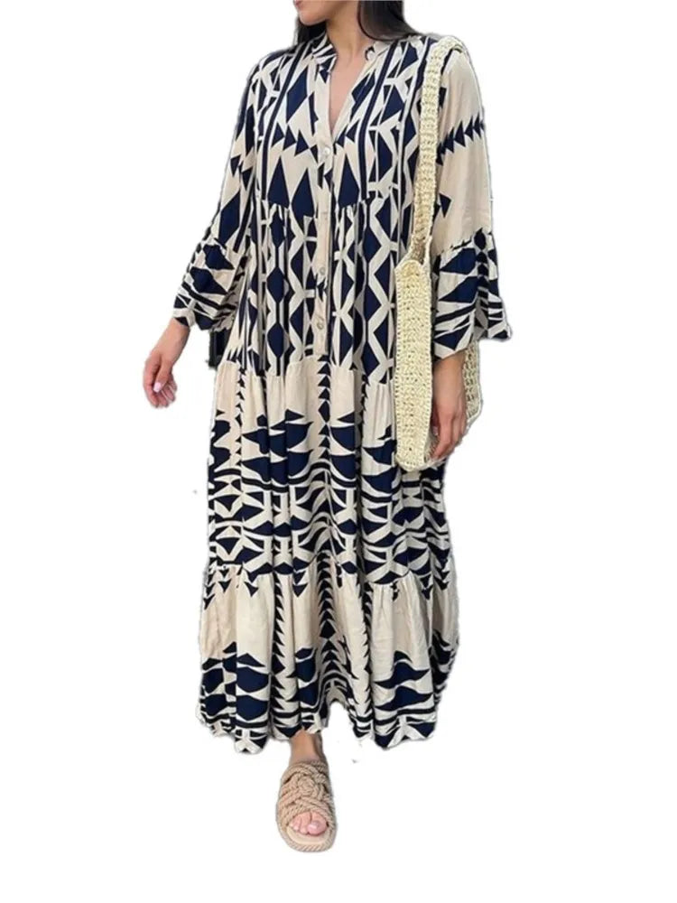 Printed Long Sleeve Dress - V-Neck High Waist Casual Style