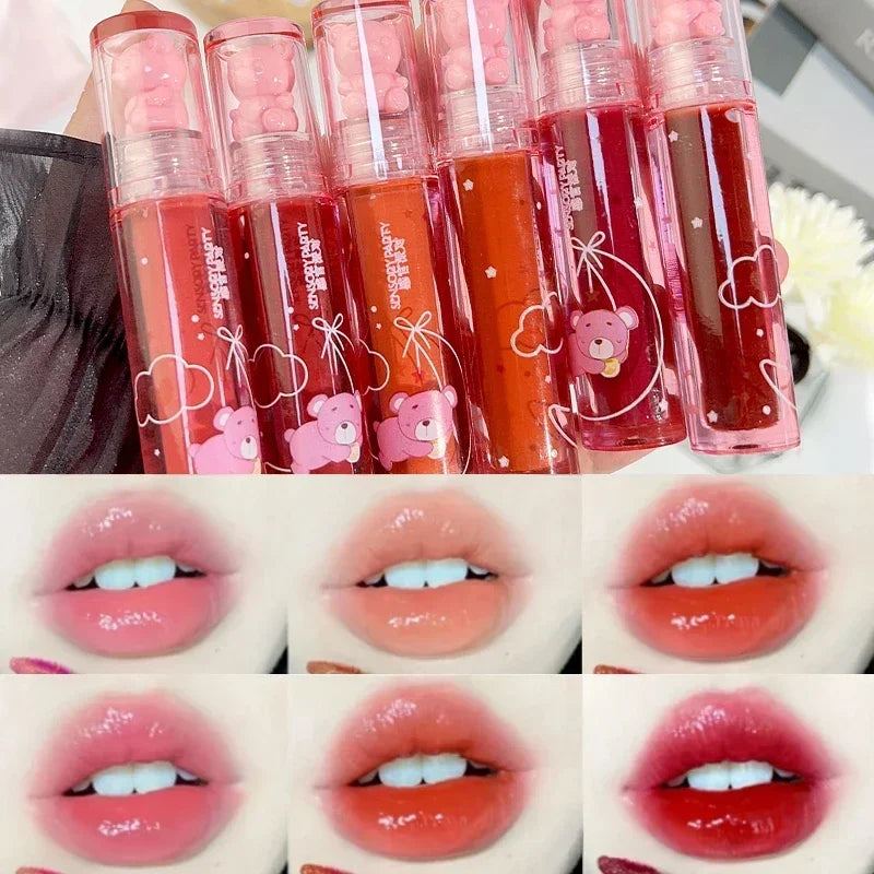 Cute Bear Lip Gloss Crystal Jelly Mirror Waterproof Liquid Lipstick Moisturizing Reducing Lip Lines Long Lasting Lip Ink Makeup