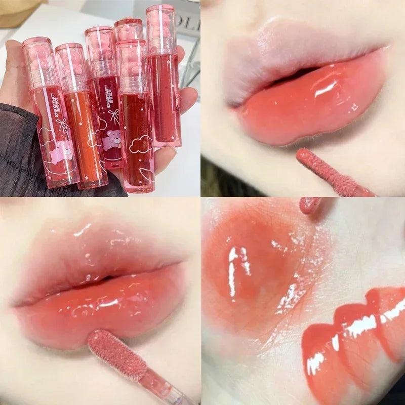 Cute Bear Lip Gloss Crystal Jelly Mirror Waterproof Liquid Lipstick Moisturizing Reducing Lip Lines Long Lasting Lip Ink Makeup