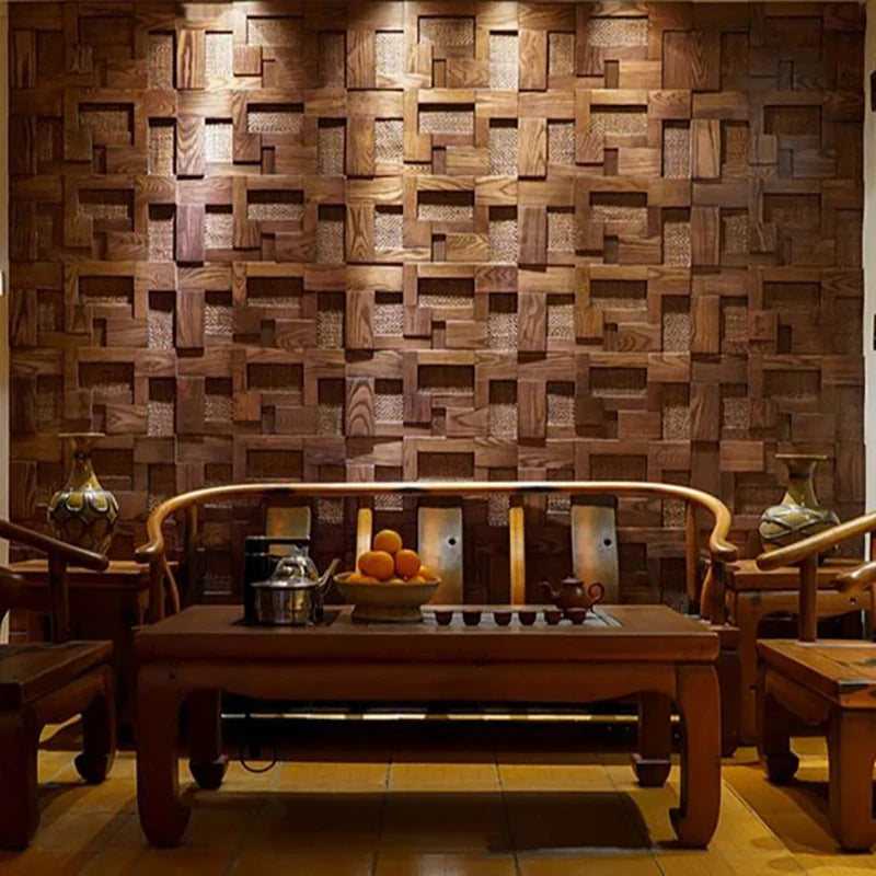 Mosaic Decorative Wall Panels - Rattan Weaving & Ash Wood, Retro Style
