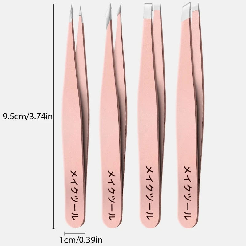4PCS Precision Stainless Steel Tweezers For Eyebrow Hair Facial Hair Removal Splinter Blackhead Slant Tip Angle Tip Pointed Ti