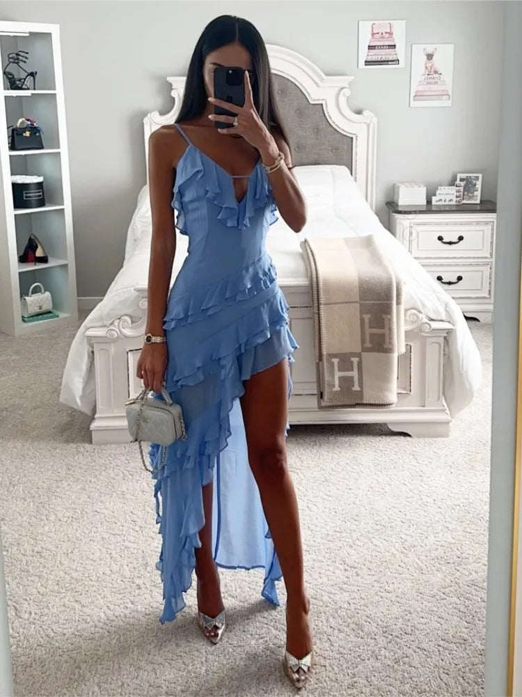 Elegant Beach Dress - Solid Colour V-Neck Ruffle Sleeveless Split Dress for Women