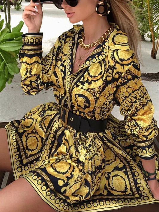 Elegant Printed Shirt Dress - Vintage Long Sleeve Mini Dress