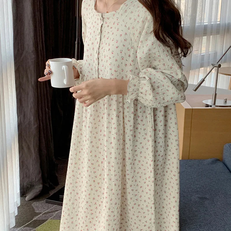 Cotton Gauze Print Dress - Casual Long Sleeve Button-Up