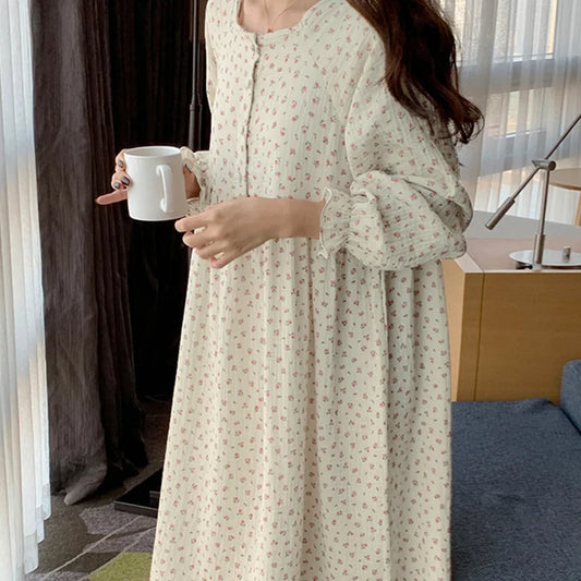 Cotton Gauze Print Dress - Casual Long Sleeve Button-Up