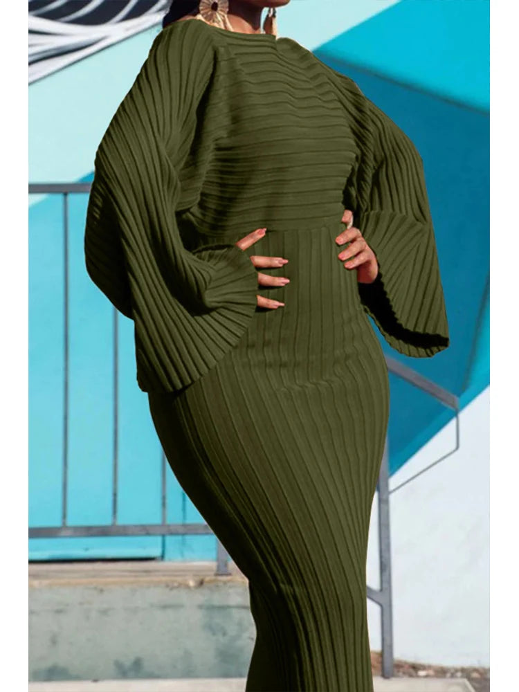 Batwing Sleeve Knitted Dress - Bodycon Ribbed Long Style