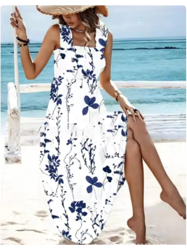Summer Square Collar Printed Dress - High Waist A-Line Suspender Dress
