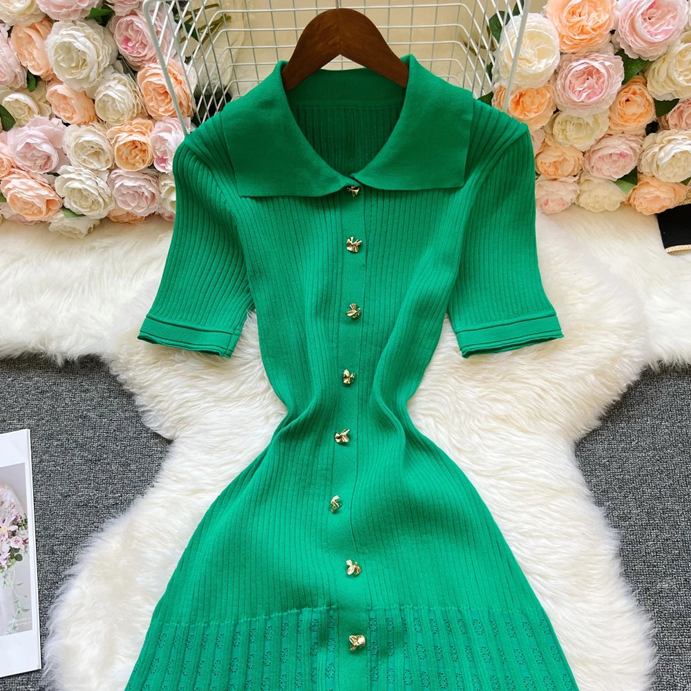 Vintage Knit Maxi Dress - Turn-Down Collar A-Line Style