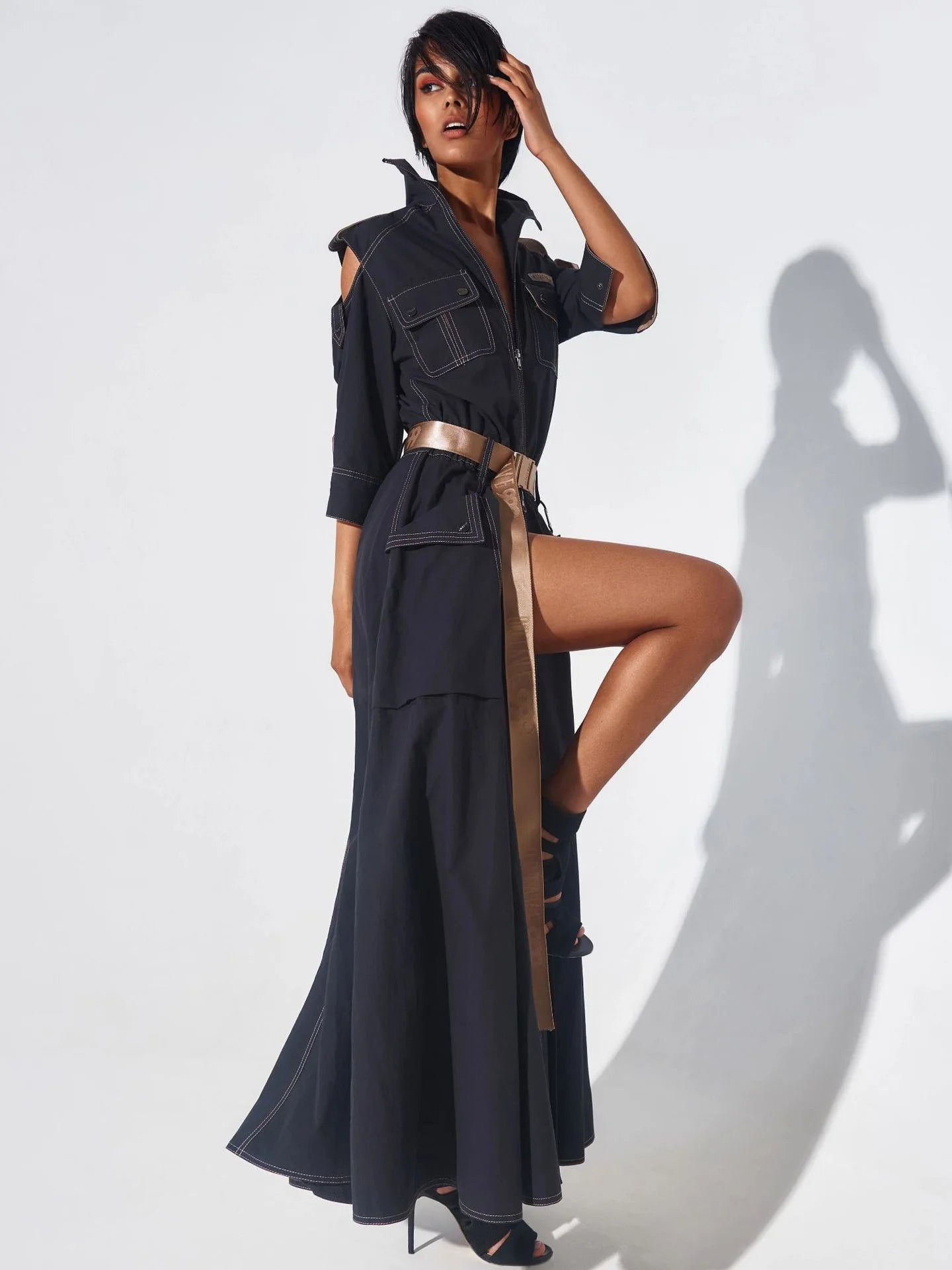 Retro Summer Dress - Cold Shoulder with Belt and Pockets
