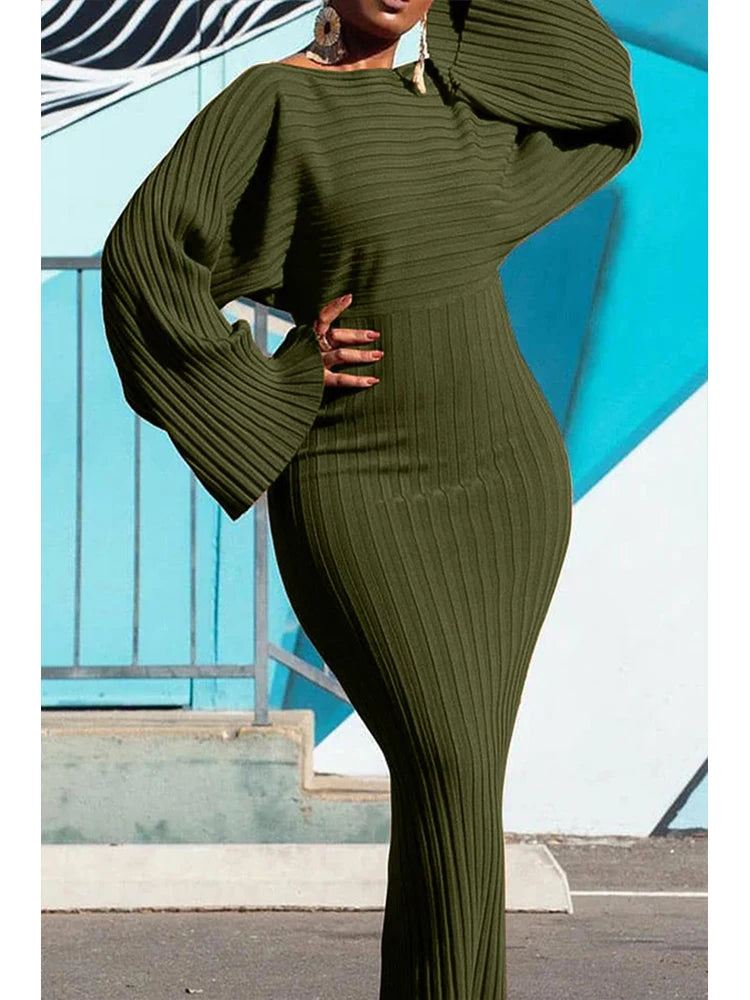 Batwing Sleeve Knitted Dress - Bodycon Ribbed Long Style