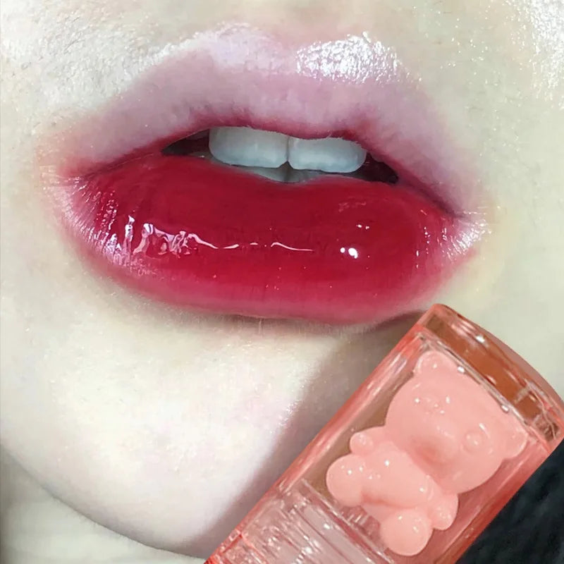 Cute Bear Lip Gloss Crystal Jelly Mirror Waterproof Liquid Lipstick Moisturizing Reducing Lip Lines Long Lasting Lip Ink Makeup