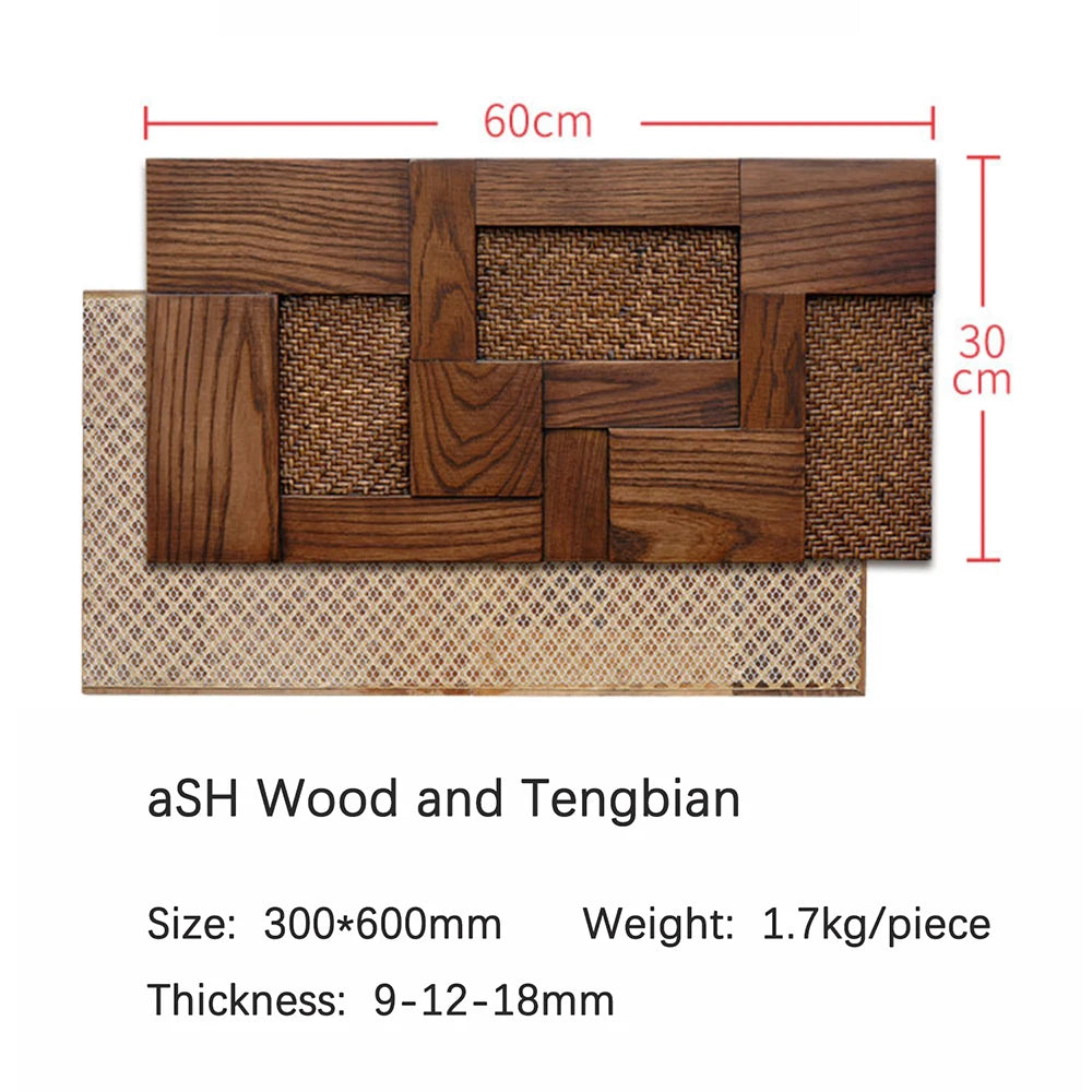 Mosaic Decorative Wall Panels - Rattan Weaving & Ash Wood, Retro Style