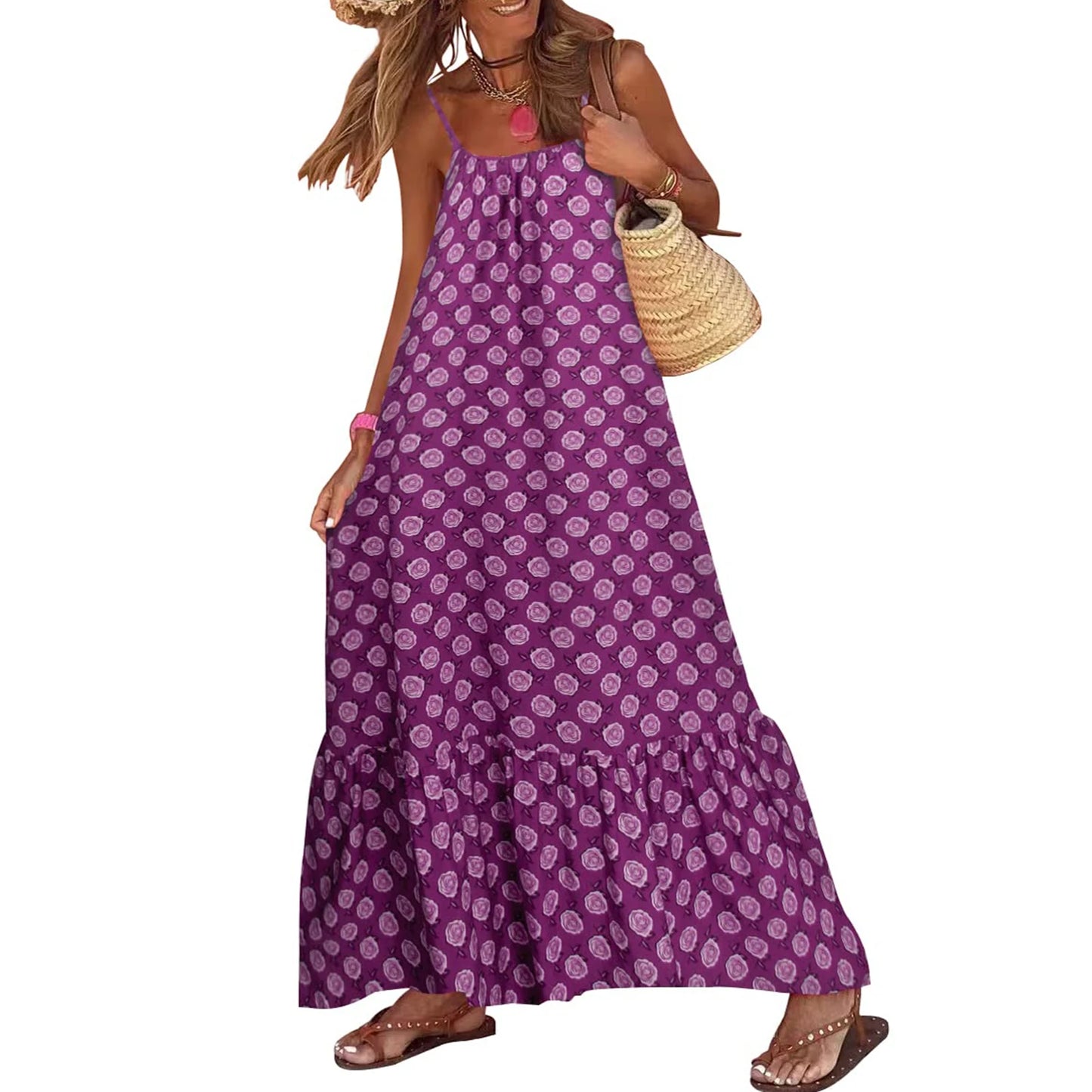 Boho Print Maxi Dress - Sleeveless Spaghetti Strap Summer Sundress