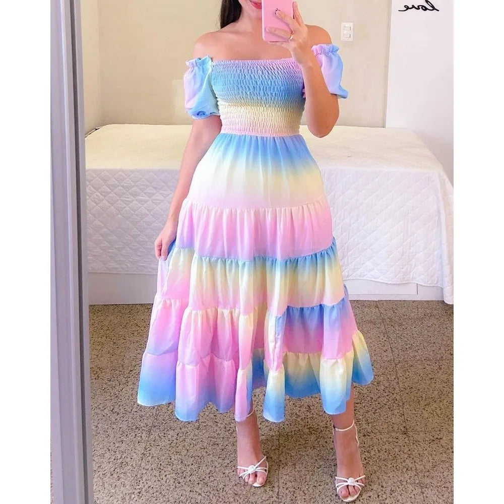 Women's High Waisted Long Dress - Elegant Loose Fit Contrasting Colours Beach Summer Dress