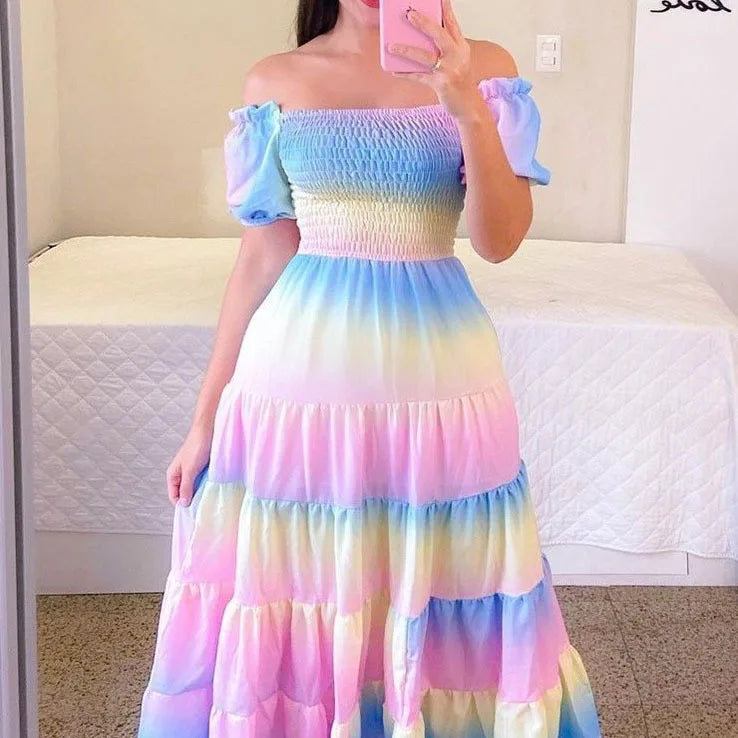 Women's High Waisted Long Dress - Elegant Loose Fit Contrasting Colours Beach Summer Dress