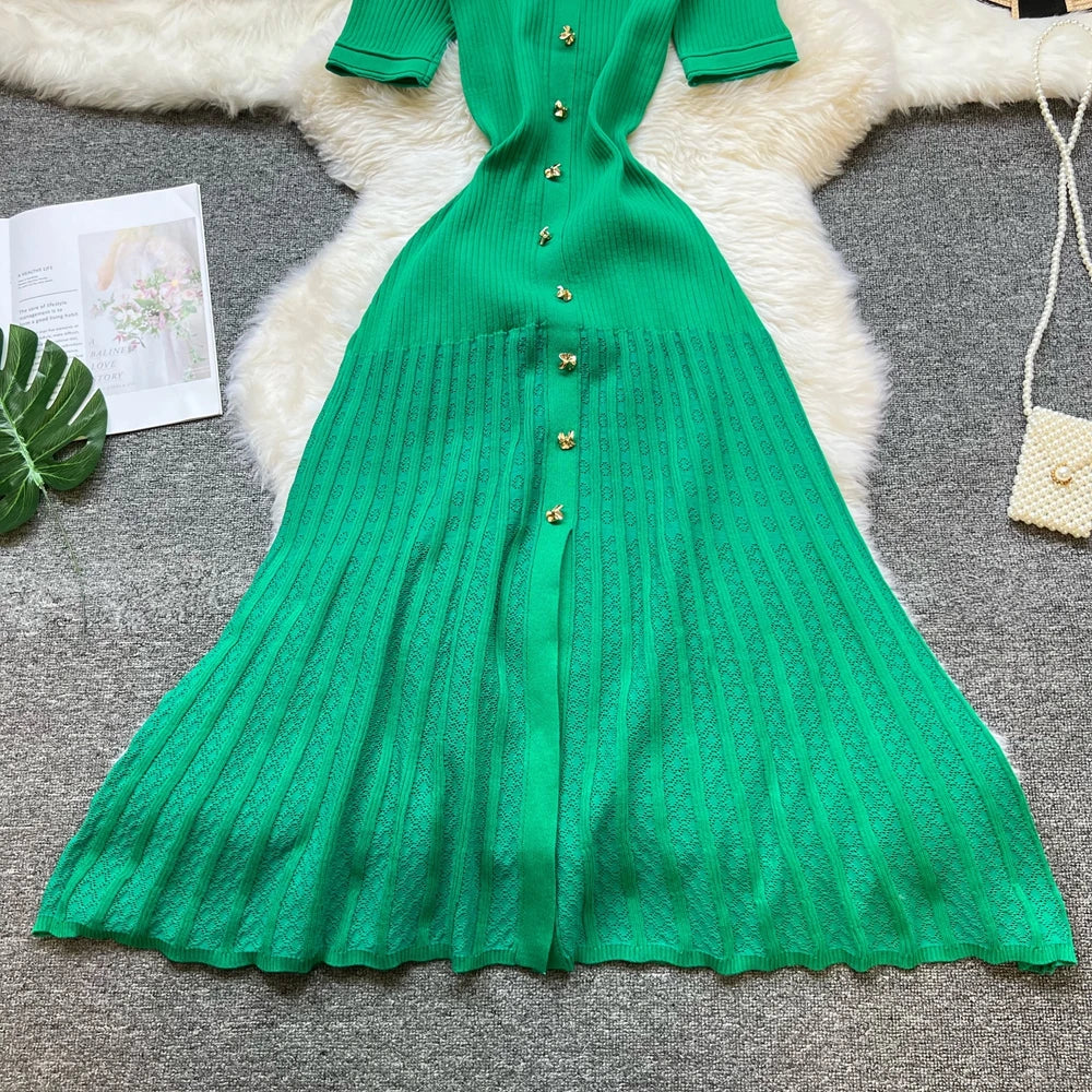 Vintage Knit Maxi Dress - Turn-Down Collar A-Line Style