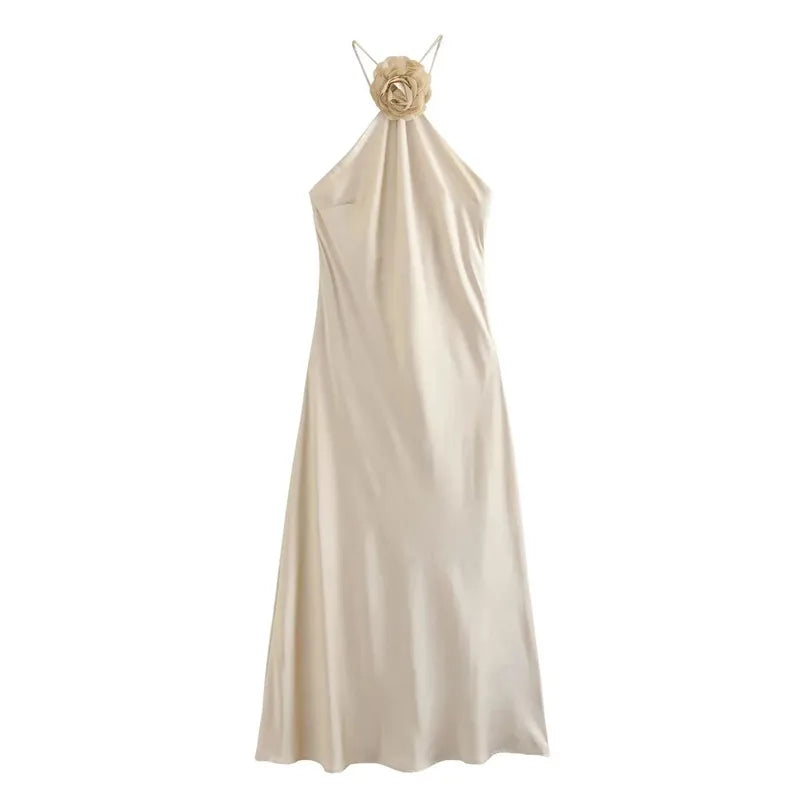 MUJER Floral Halter Dress - Off Shoulder Satin Long Evening Dress with Backless Design