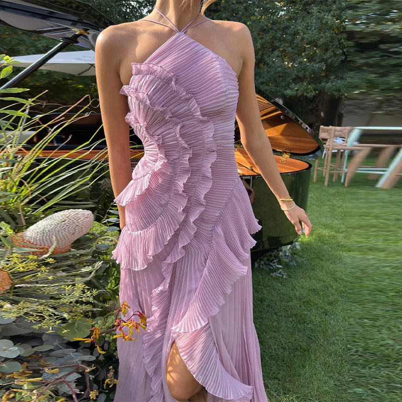 Elegant Lotus Edge Maxi Dress - Backless Halter Style