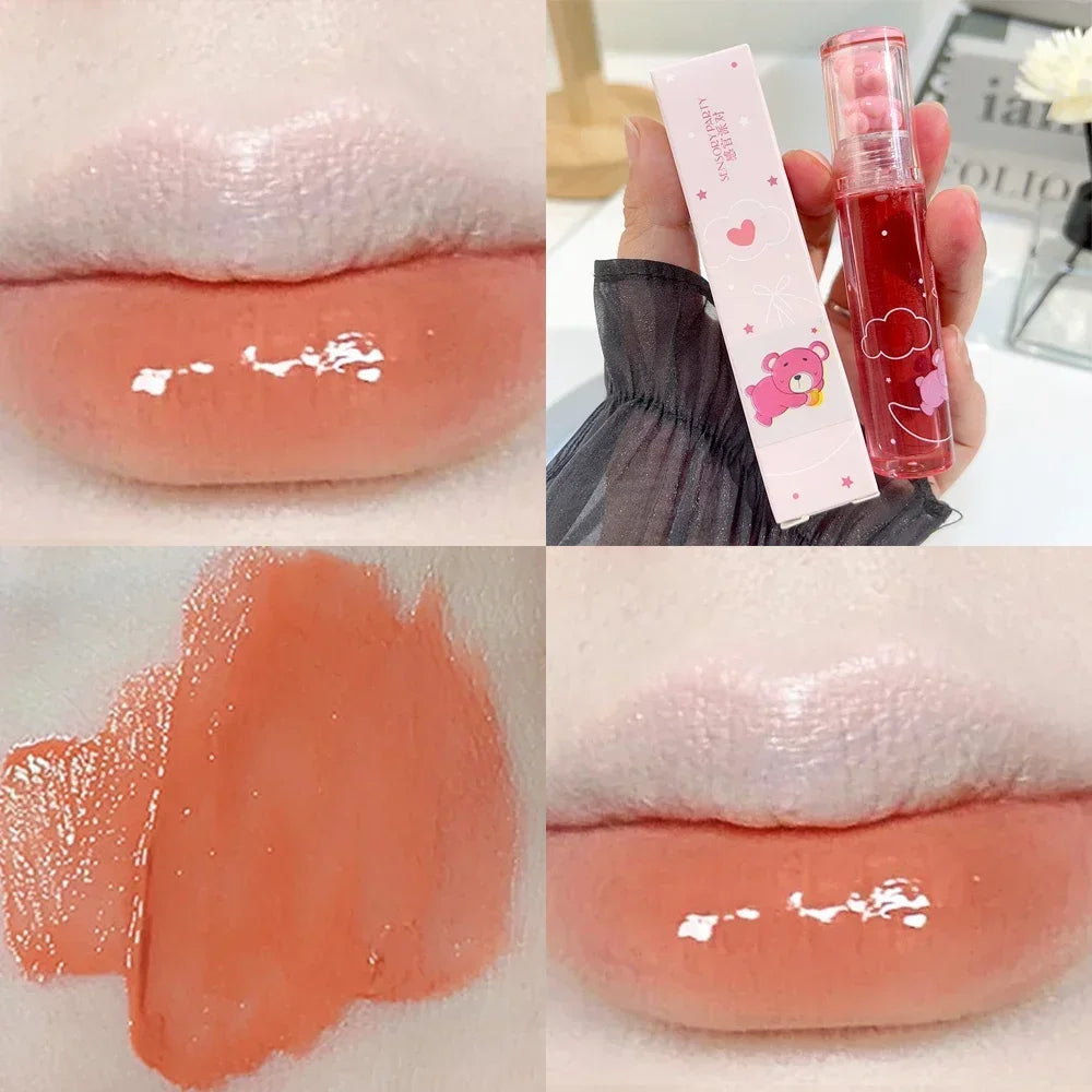 Cute Bear Lip Gloss Crystal Jelly Mirror Waterproof Liquid Lipstick Moisturizing Reducing Lip Lines Long Lasting Lip Ink Makeup