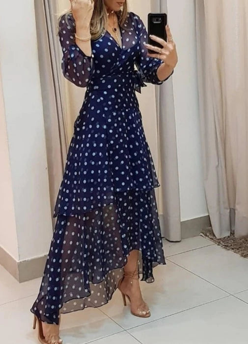 Wave Dot Print Long Dress - V-Neck Long Sleeve with Irregular Hem