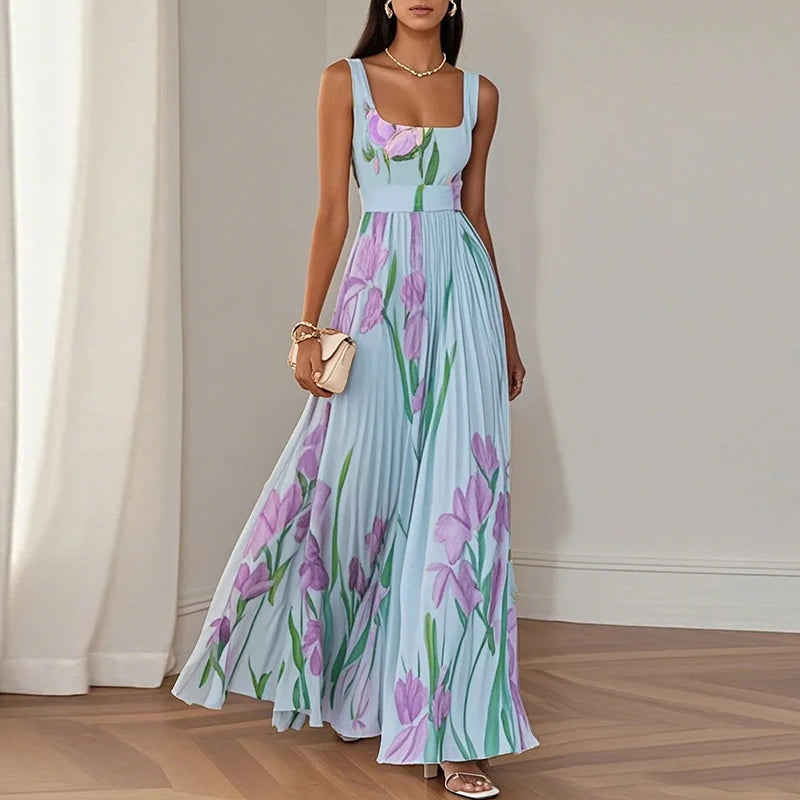 Floral Print Sleeveless Dress - Square Collar Party Style
