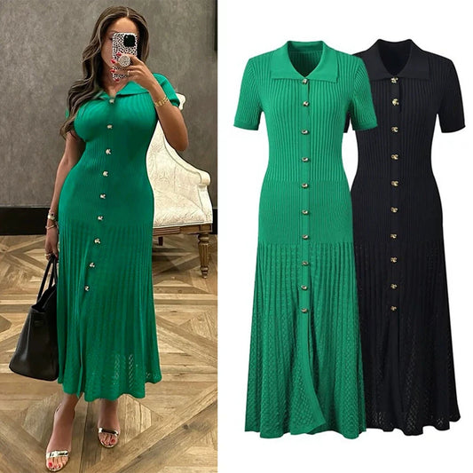 Vintage Knit Maxi Dress - Turn-Down Collar A-Line Style