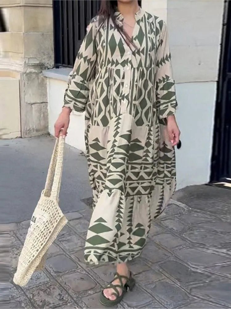 Printed Long Sleeve Dress - V-Neck High Waist Casual Style