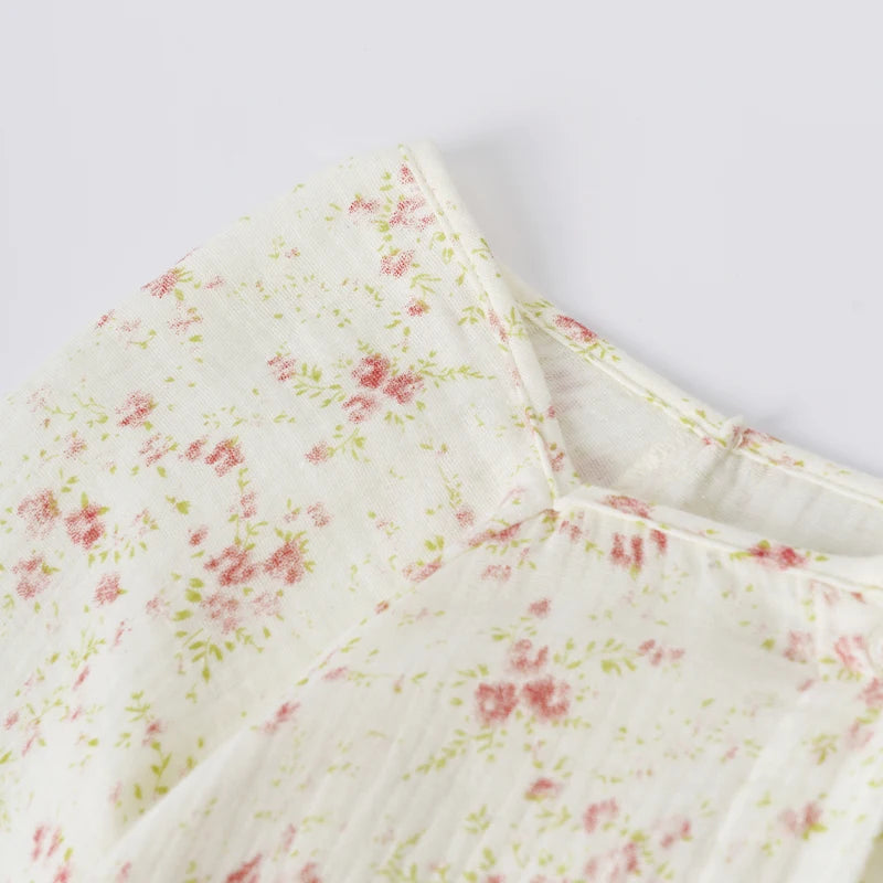 Cotton Gauze Print Dress - Casual Long Sleeve Button-Up