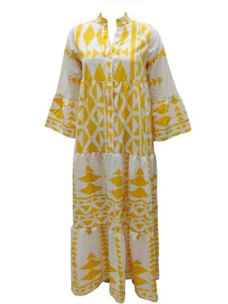 Printed Long Sleeve Dress - V-Neck High Waist Casual Style