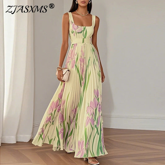 Floral Print Sleeveless Dress - Square Collar Party Style