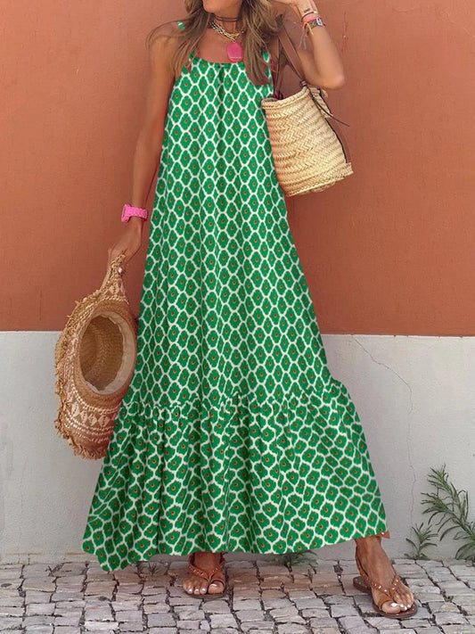 Boho Print Maxi Dress - Sleeveless Spaghetti Strap Summer Sundress