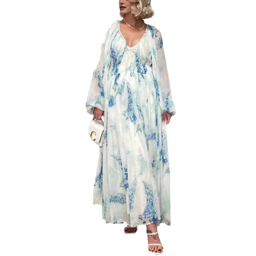 Elegant Print Chiffon Dress - V-Neck Long Sleeve Party Style
