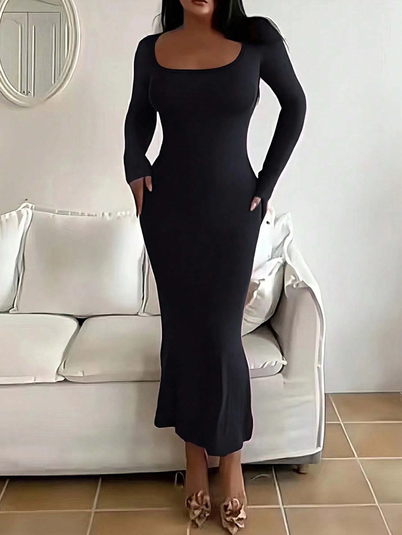 Women's Solid Long Sleeve Bodycon Dress - Chic Basic Minimalist Casual Fashion
