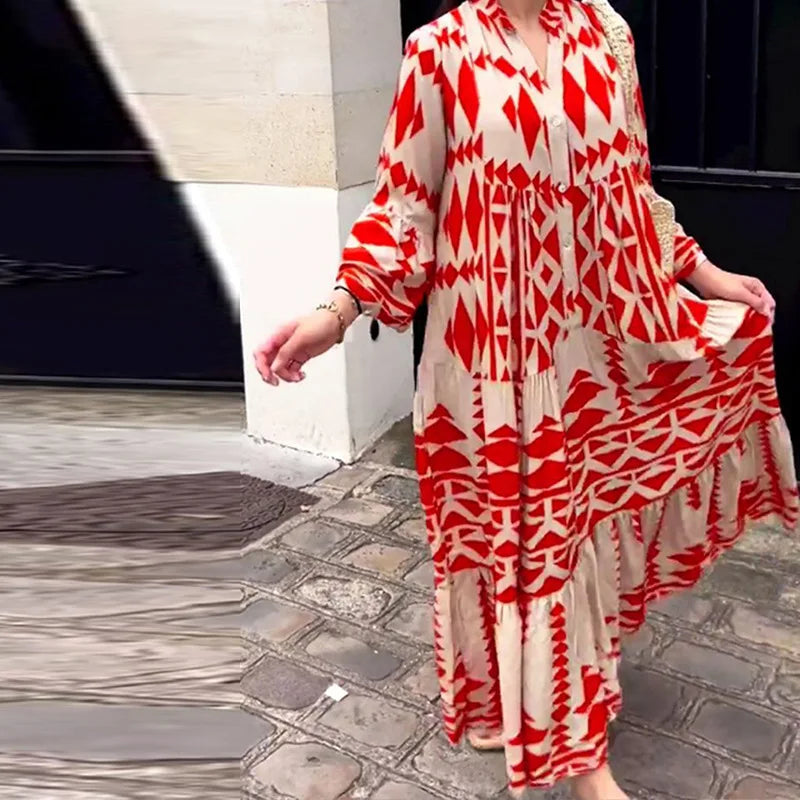 Printed Long Sleeve Dress - V-Neck High Waist Casual Style