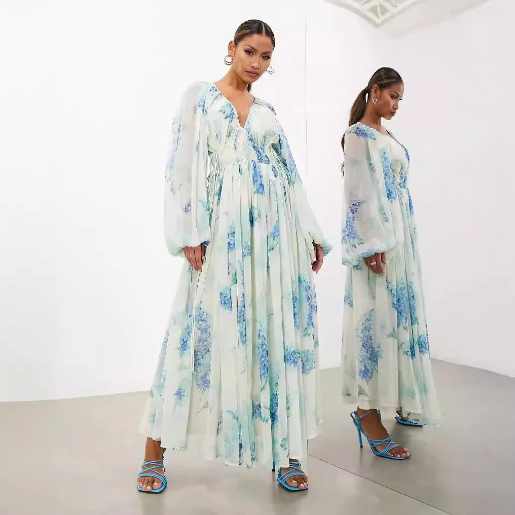 Elegant Print Chiffon Dress - V-Neck Long Sleeve Party Style