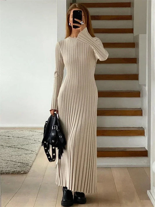 Tossy Lace-Up Knit Maxi Dress - High Waist Patchwork Long Sleeve