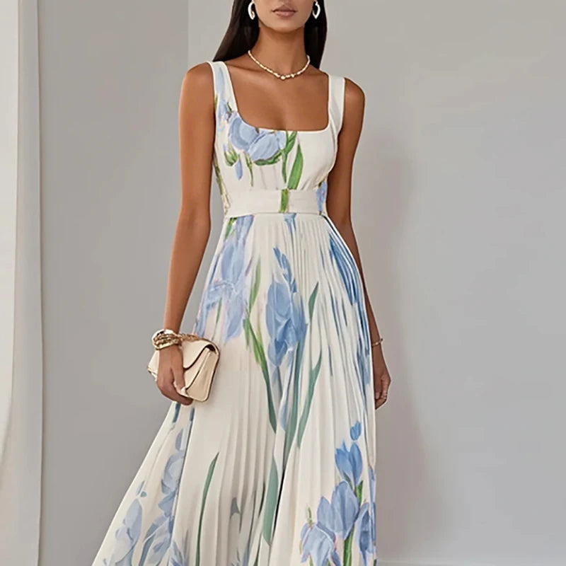 Floral Print Sleeveless Dress - Square Collar Party Style