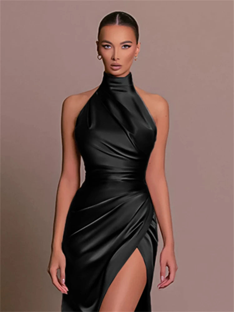 Elegant Satin Evening Dress - Sleeveless Halter Long Dress