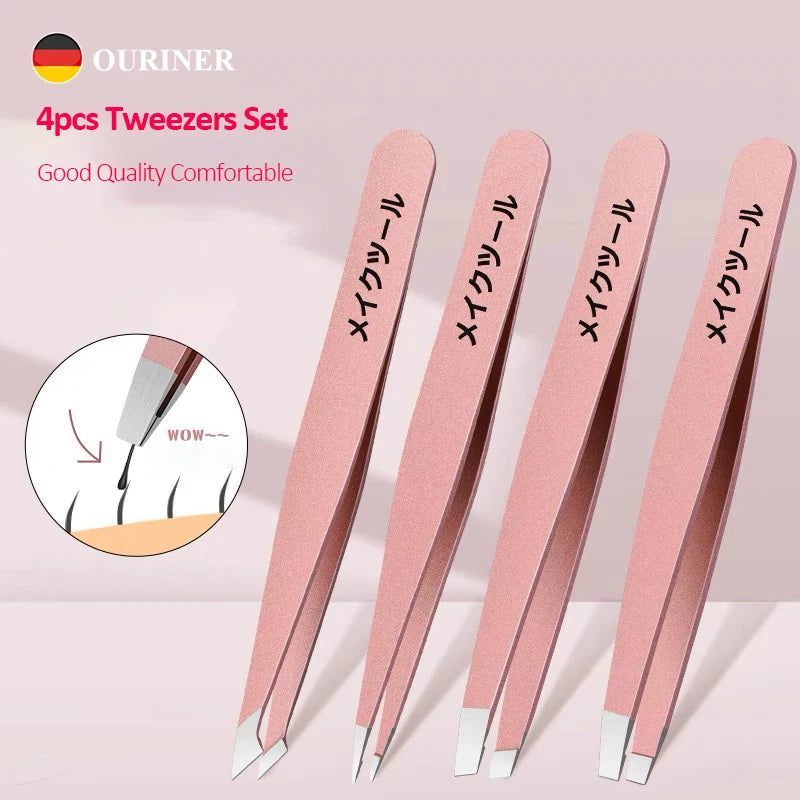 4PCS Precision Stainless Steel Tweezers For Eyebrow Hair Facial Hair Removal Splinter Blackhead Slant Tip Angle Tip Pointed Ti