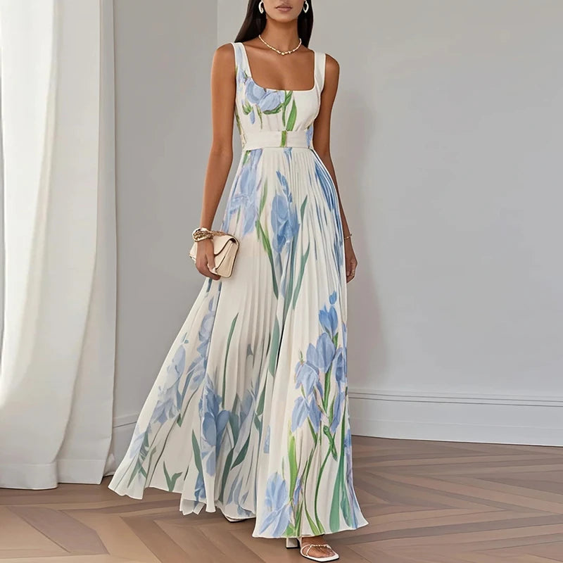 Floral Print Sleeveless Dress - Square Collar Party Style