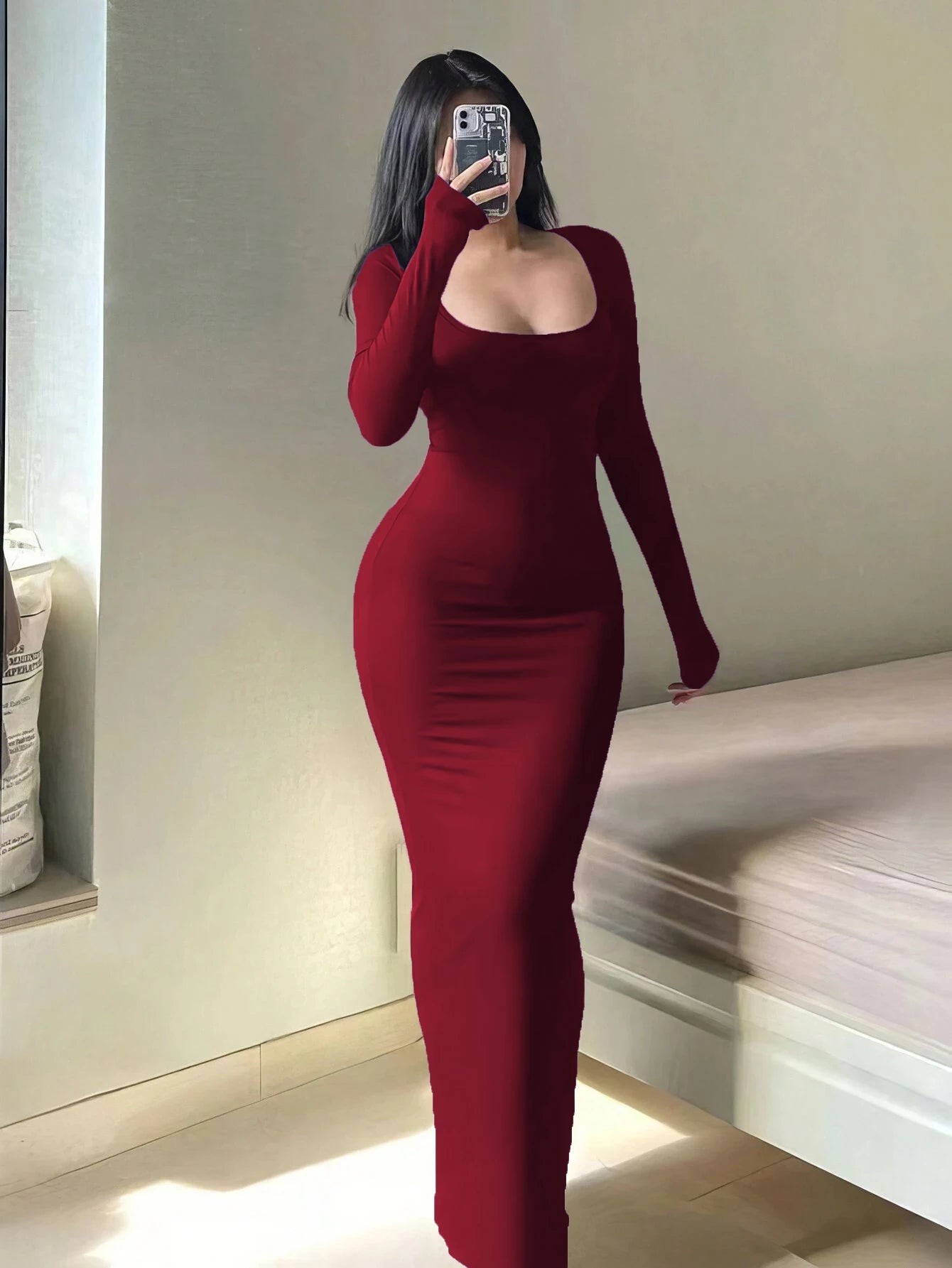 Women's Solid Long Sleeve Bodycon Dress - Chic Basic Minimalist Casual Fashion